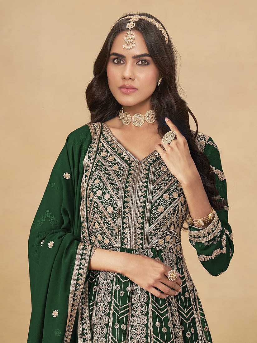 Monjolika Fashion Faux Georgette Embroidered Dark Green Engagement Wear Anarkali Suit