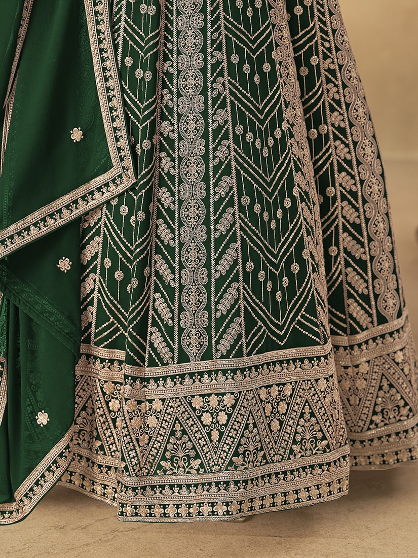 Monjolika Fashion Faux Georgette Embroidered Dark Green Engagement Wear Anarkali Suit