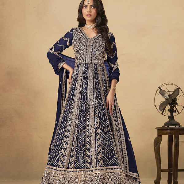 Monjolika Fashion Faux Georgette Embroidered Navy Blue Engagement Wear Anarkali Suit