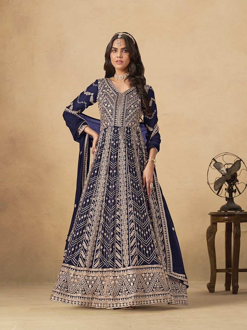 Monjolika Fashion Faux Georgette Embroidered Navy Blue Engagement Wear Anarkali Suit - Distacart
