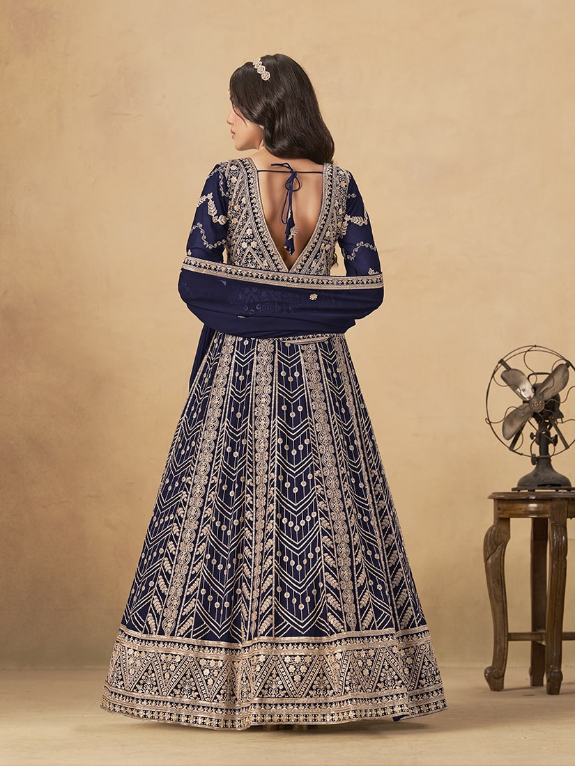 Monjolika Fashion Faux Georgette Embroidered Navy Blue Engagement Wear Anarkali Suit