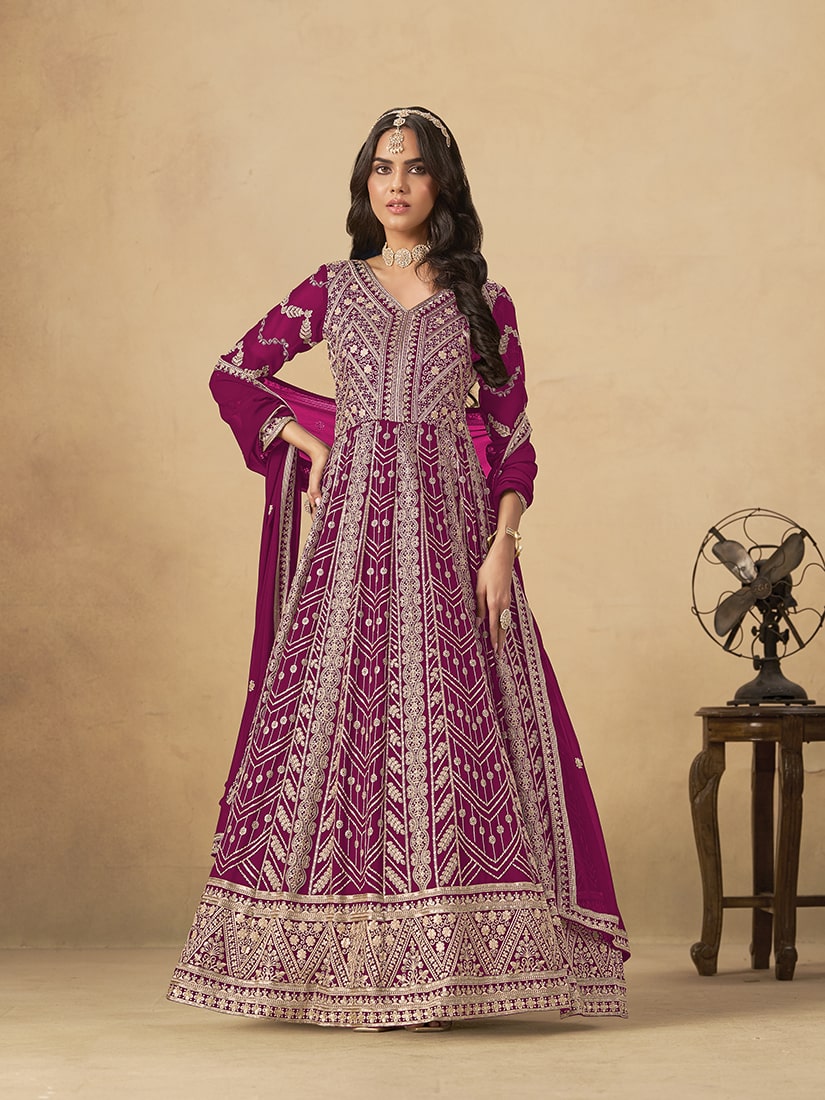 Monjolika Fashion Faux Georgette Embroidered Rani Pink Engagement Wear Anarkali Suit - Distacart