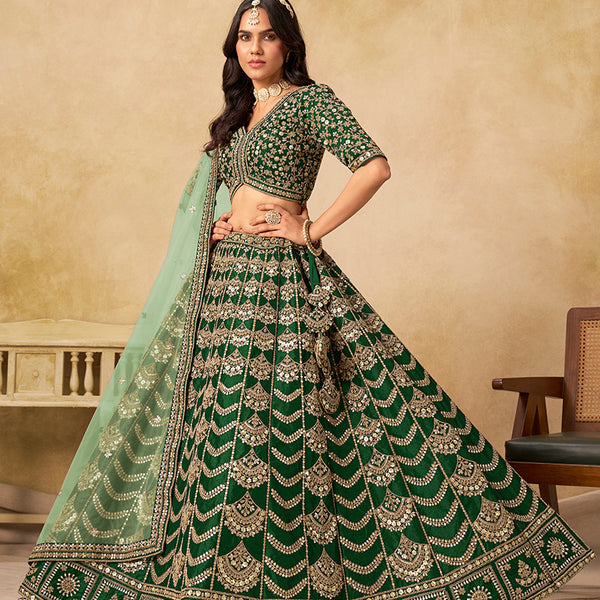 Monjolika Fashion Green Color Zari Embroidered Work Art Silk A Line Lehenga Choli