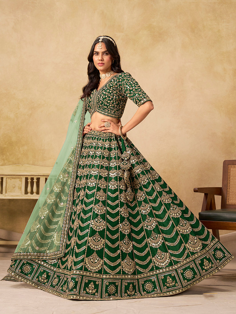 Monjolika Fashion Green Color Zari Embroidered Work Art Silk A Line Lehenga Choli - Distacart