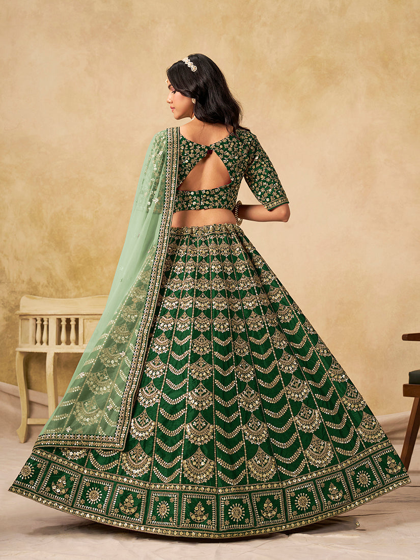 Monjolika Fashion Green Color Zari Embroidered Work Art Silk A Line Lehenga Choli
