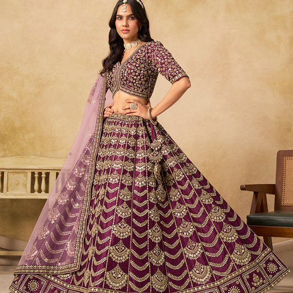 Monjolika Fashion Purple Color Zari Embroidered Work Art Silk A Line Lehenga Choli
