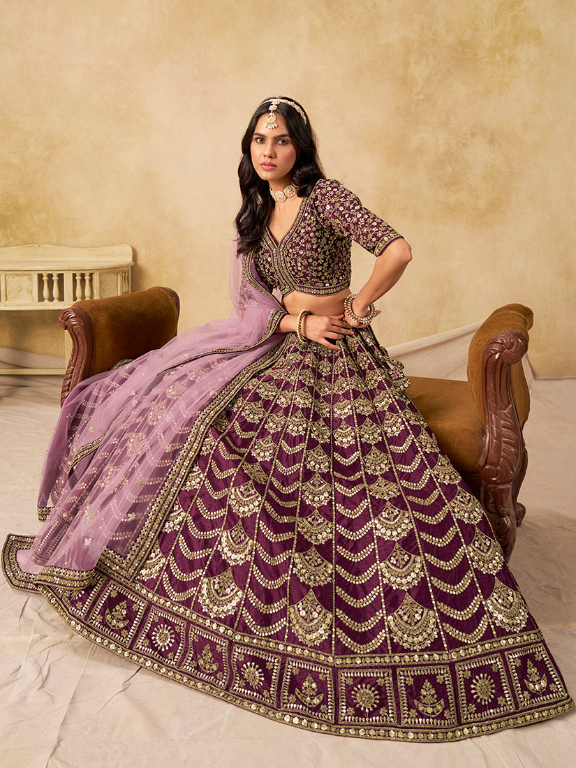 Monjolika Fashion Purple Color Zari Embroidered Work Art Silk A Line Lehenga Choli
