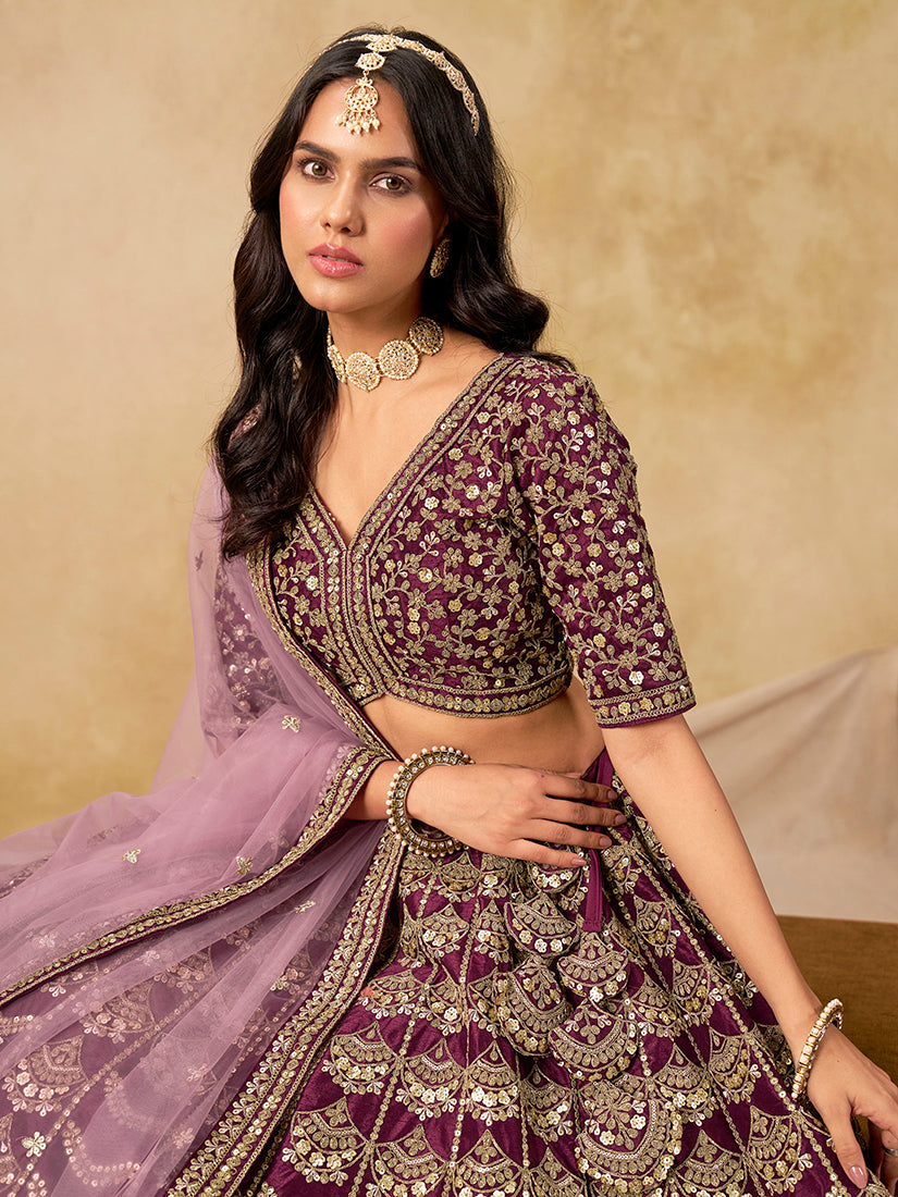 Monjolika Fashion Purple Color Zari Embroidered Work Art Silk A Line Lehenga Choli