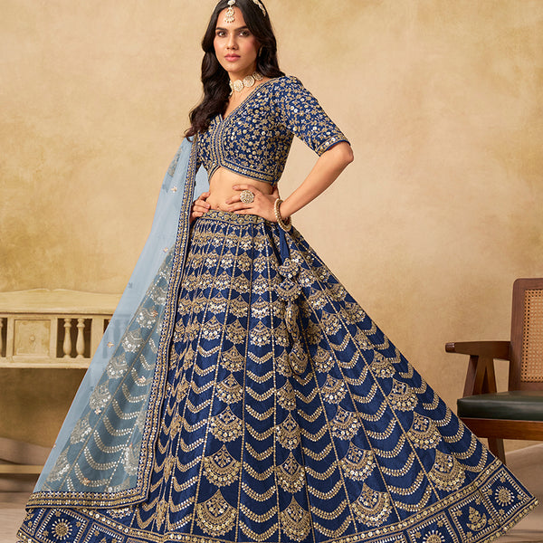 Monjolika Fashion Navy Blue Color Zari Embroidered Work Art Silk A Line Lehenga Choli
