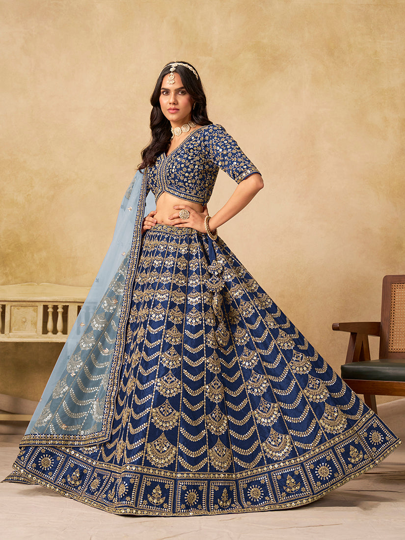 Monjolika Fashion Navy Blue Color Zari Embroidered Work Art Silk A Line Lehenga Choli - Distacart