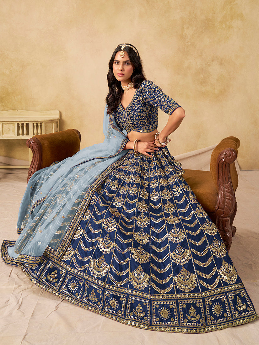 Monjolika Fashion Navy Blue Color Zari Embroidered Work Art Silk A Line Lehenga Choli