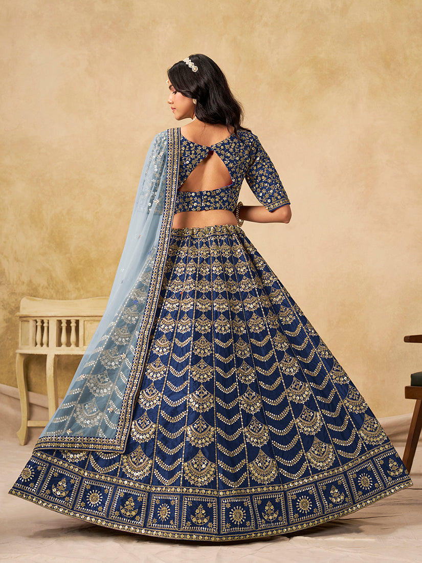 Monjolika Fashion Navy Blue Color Zari Embroidered Work Art Silk A Line Lehenga Choli
