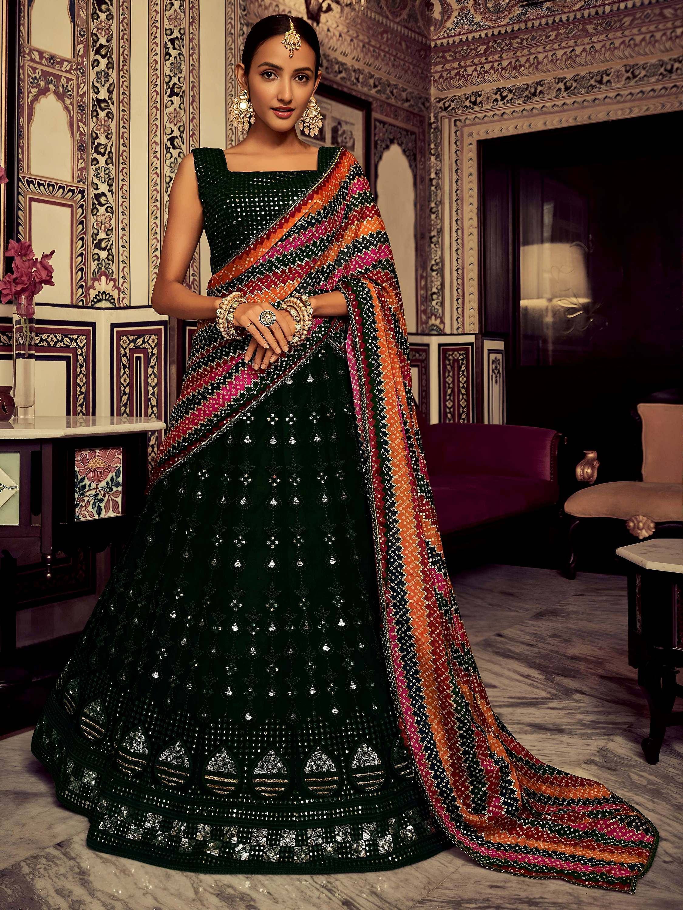Tulsi Art Captivating Bottle Green Thread Work Georgette Lehenga Choli With Dupatta - Dista