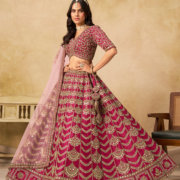 Monjolika Fashion Rani Pink Color Zari Embroidered Work Art Silk A Line Lehenga Choli