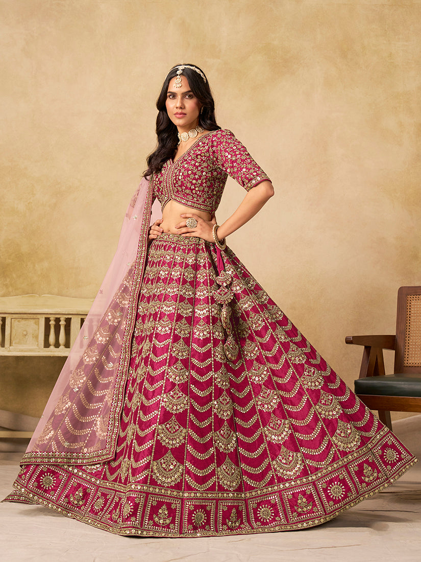 Monjolika Fashion Rani Pink Color Zari Embroidered Work Art Silk A Line Lehenga Choli