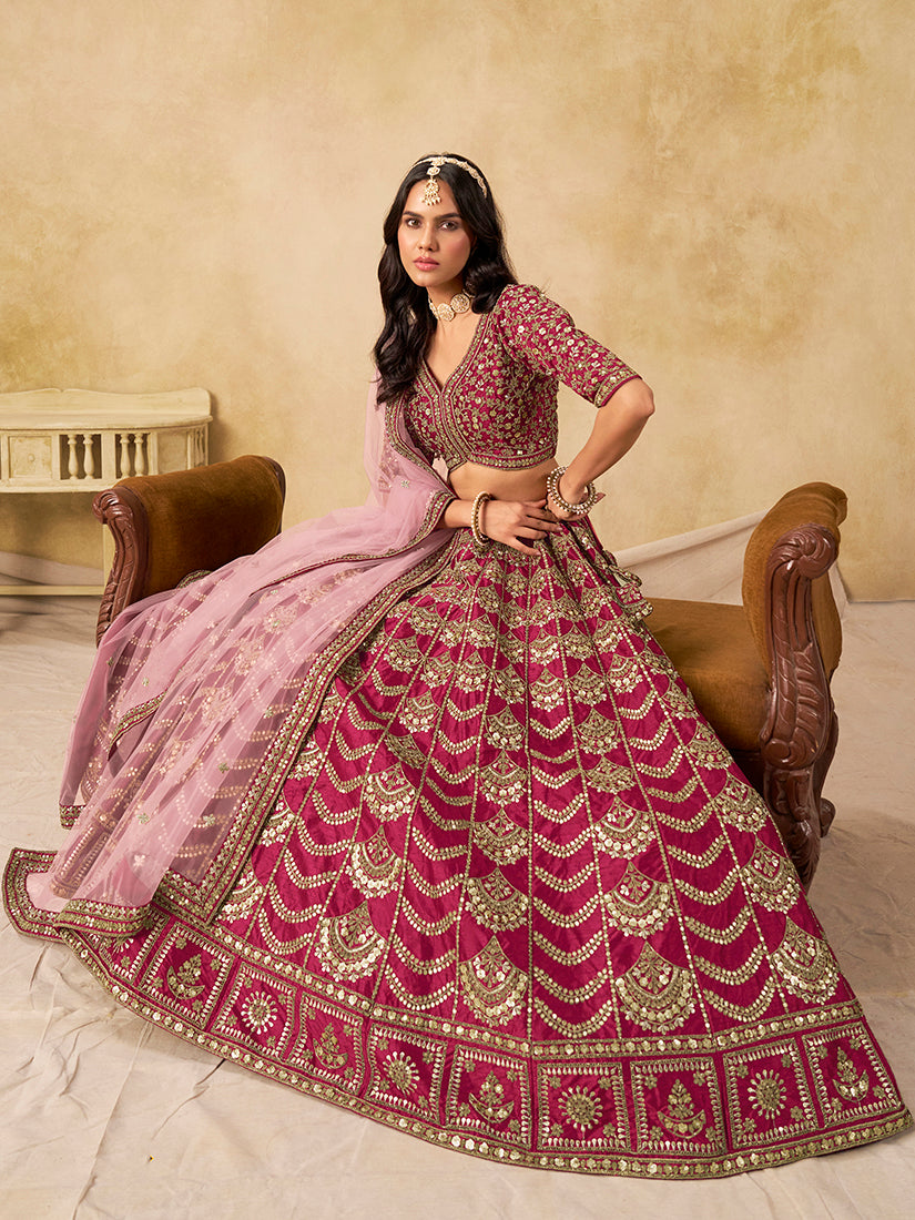 Monjolika Fashion Rani Pink Color Zari Embroidered Work Art Silk A Line Lehenga Choli