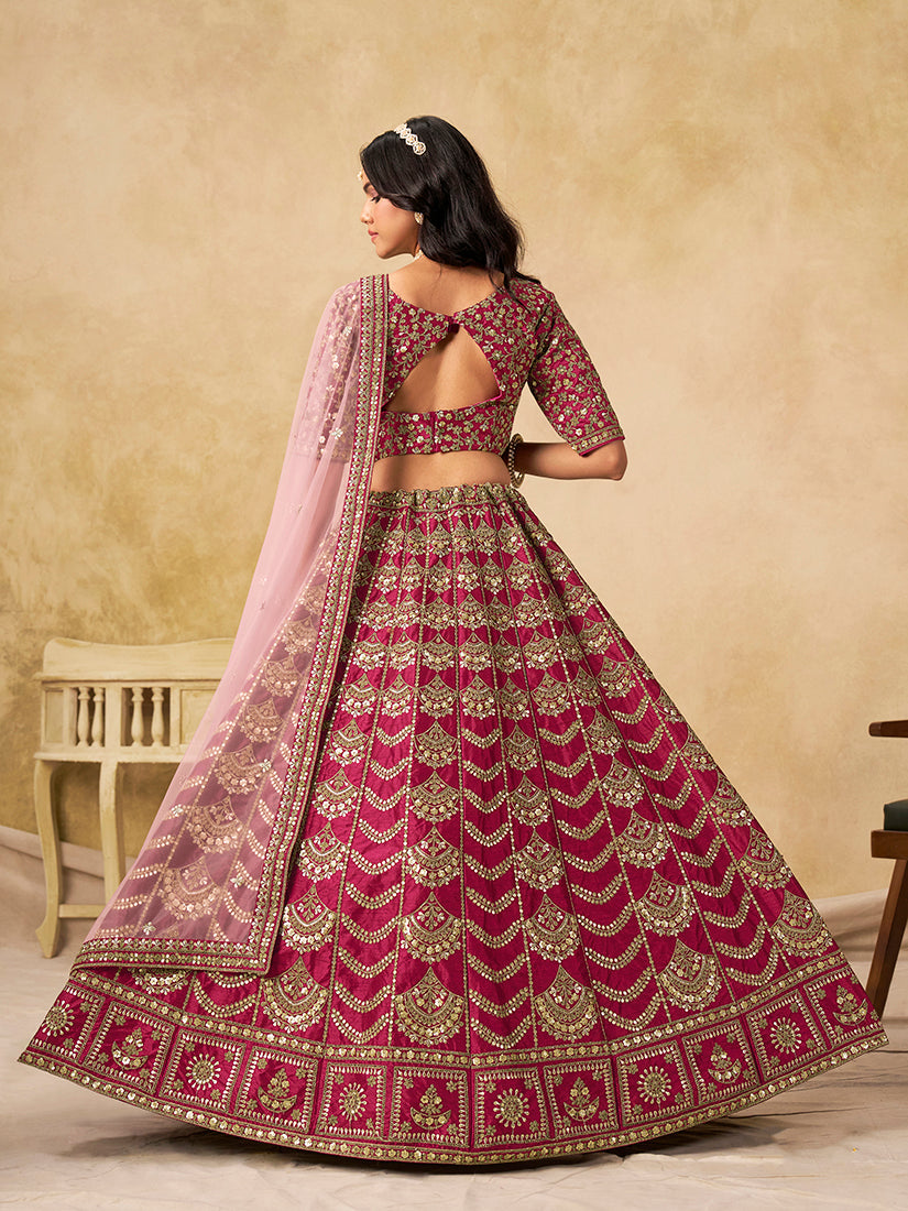 Monjolika Fashion Rani Pink Color Zari Embroidered Work Art Silk A Line Lehenga Choli