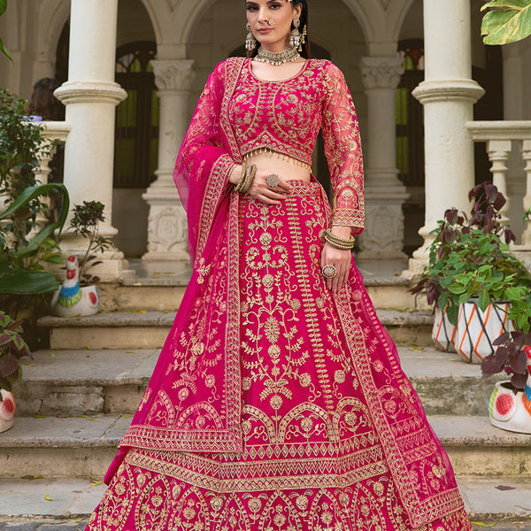 Monjolika Fashion Rani Pink Butterfly Net Embroidered Work Stunning Lehenga For Wedding Season