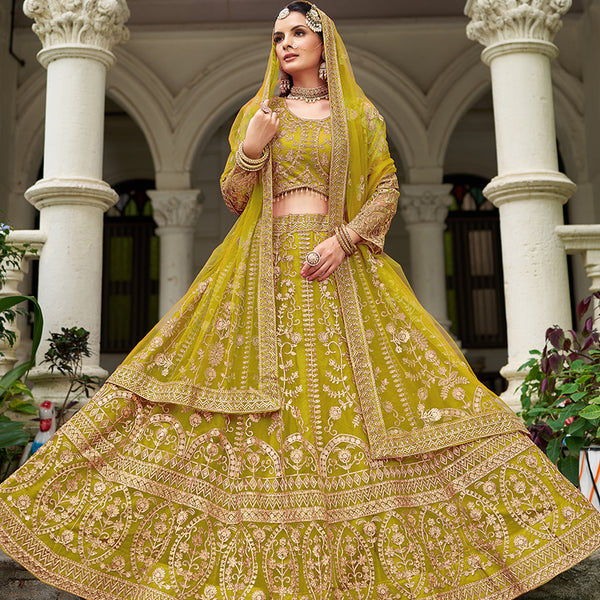 Monjolika Fashion Parrot Green Butterfly Net Embroidered Work Stunning Lehenga For Wedding Season