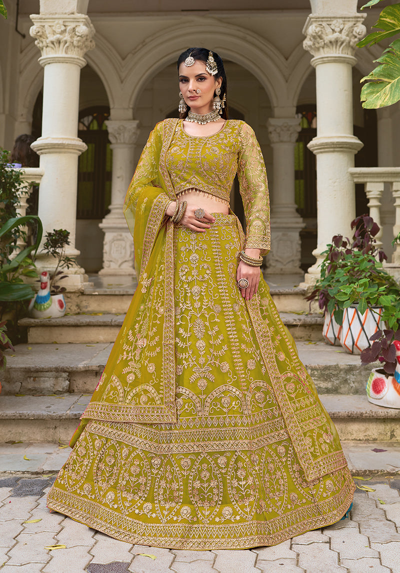 Monjolika Fashion Parrot Green Butterfly Net Embroidered Work Stunning Lehenga For Wedding Season