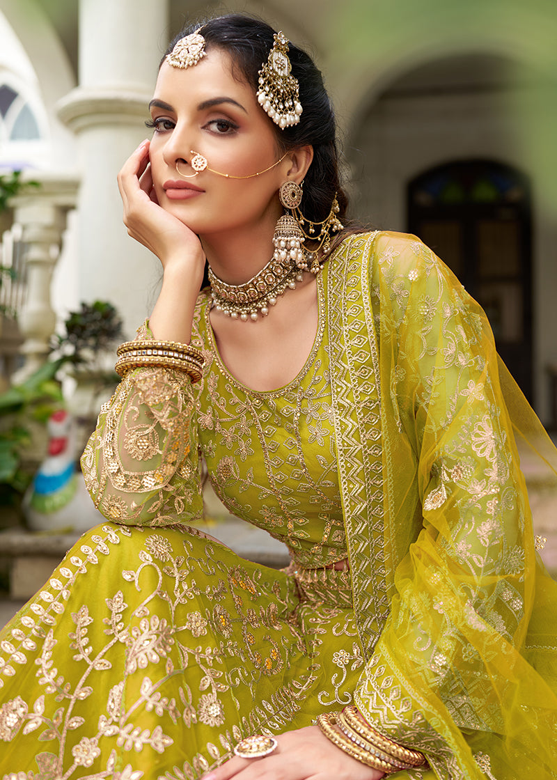Monjolika Fashion Parrot Green Butterfly Net Embroidered Work Stunning Lehenga For Wedding Season - Distacart