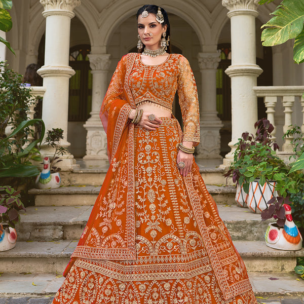 Monjolika Fashion Orange Butterfly Net Embroidered Work Stunning Lehenga For Wedding Season