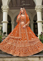 Thumbnail for Monjolika Fashion Orange Butterfly Net Embroidered Work Stunning Lehenga For Wedding Season