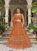 Thumbnail for Monjolika Fashion Orange Butterfly Net Embroidered Work Stunning Lehenga For Wedding Season