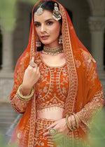 Thumbnail for Monjolika Fashion Orange Butterfly Net Embroidered Work Stunning Lehenga For Wedding Season