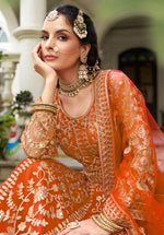Thumbnail for Monjolika Fashion Orange Butterfly Net Embroidered Work Stunning Lehenga For Wedding Season