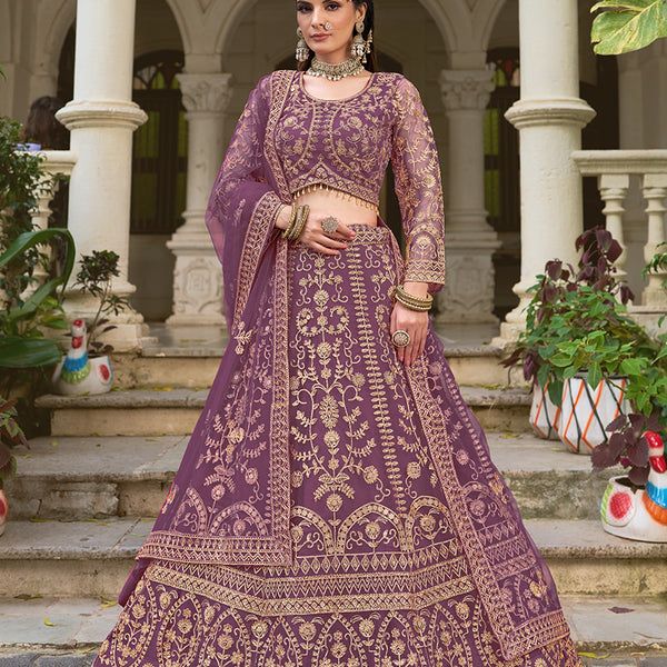 Monjolika Fashion Purple Butterfly Net Embroidered Work Stunning Lehenga For Wedding Season