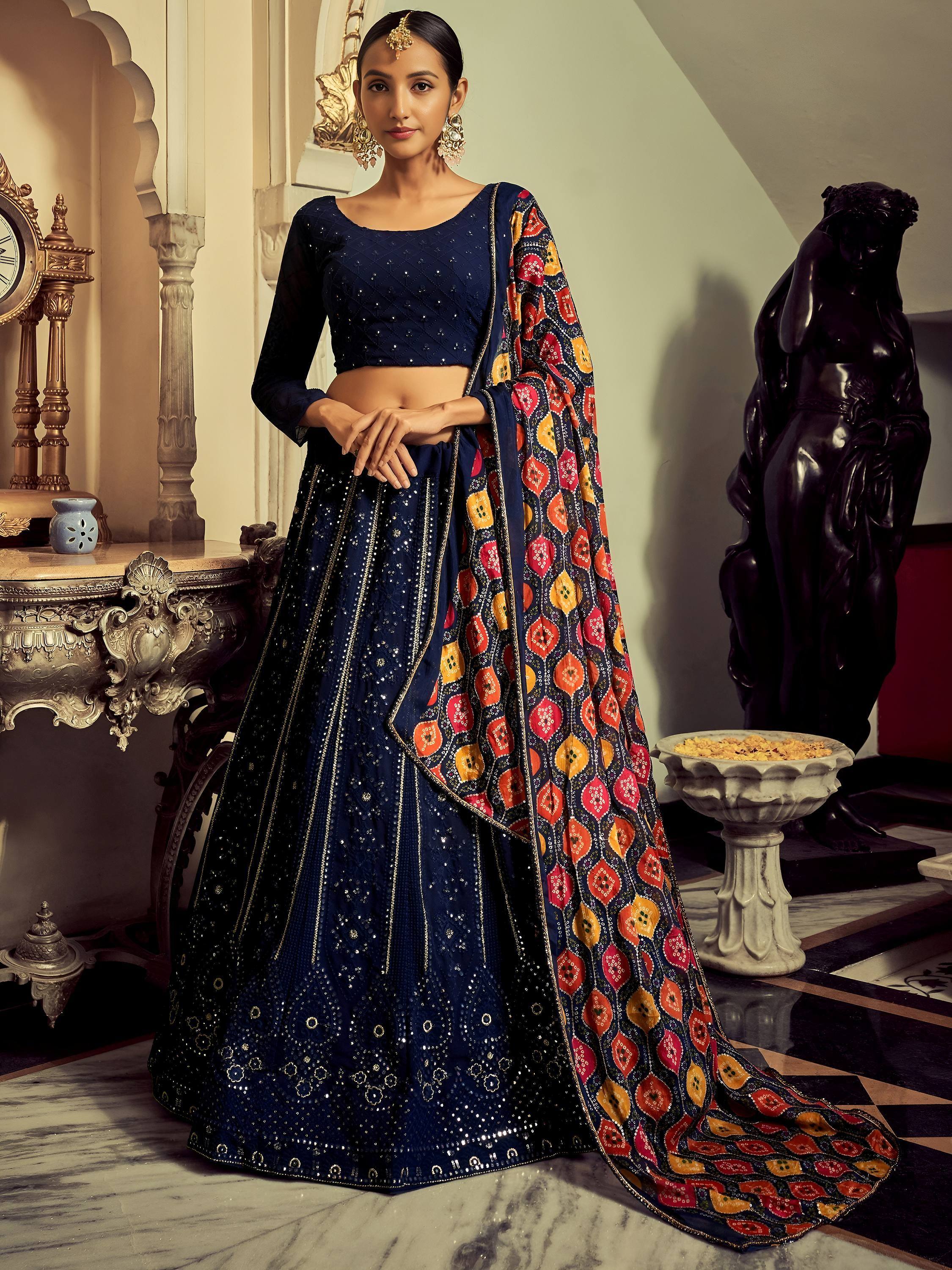 Tulsi Art Excellent Navy Blue Thread Work Georgette Event Wear Lehenga Choli - Dista