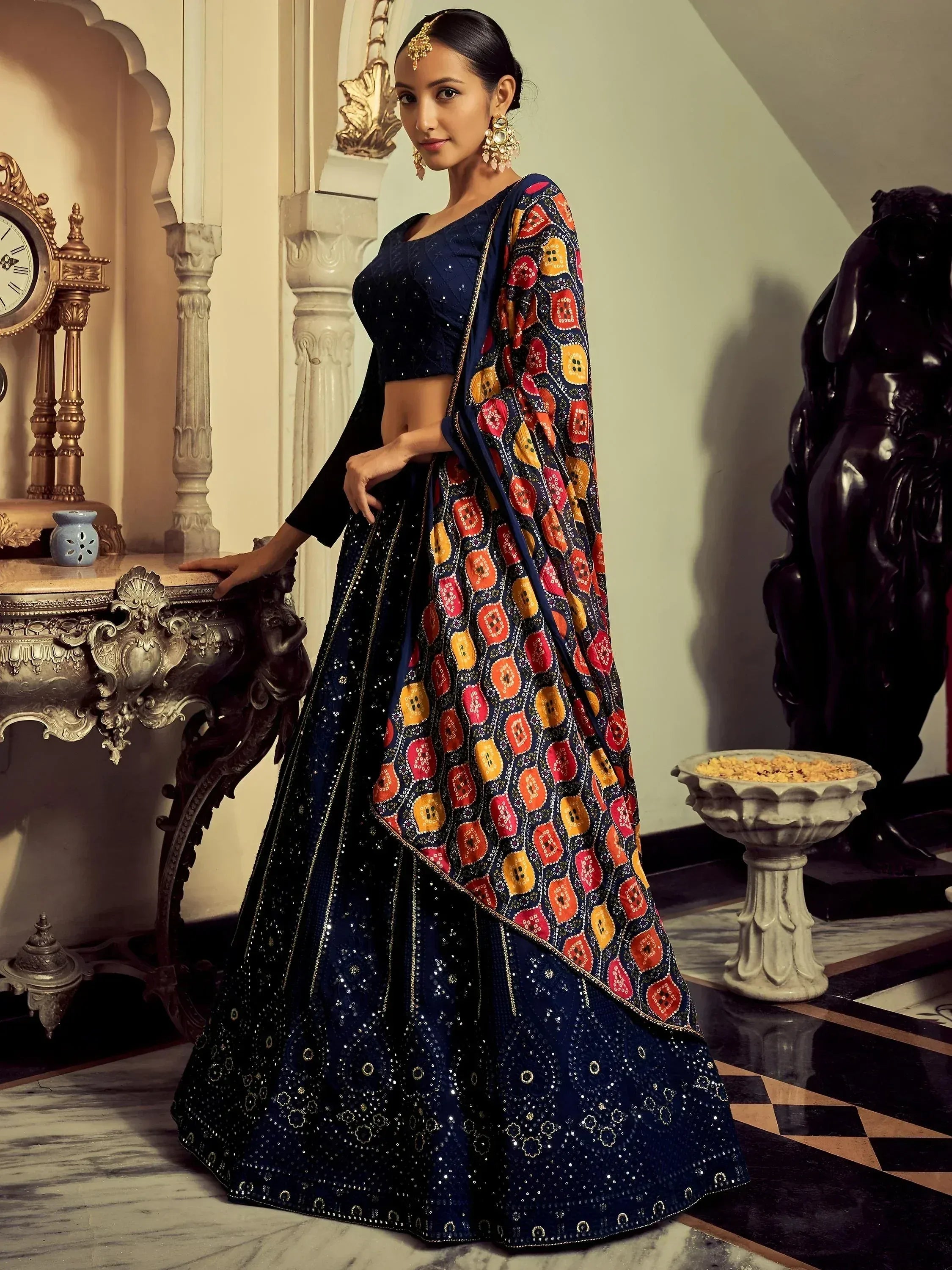 Tulsi Art Excellent Navy Blue Thread Work Georgette Event Wear Lehenga Choli