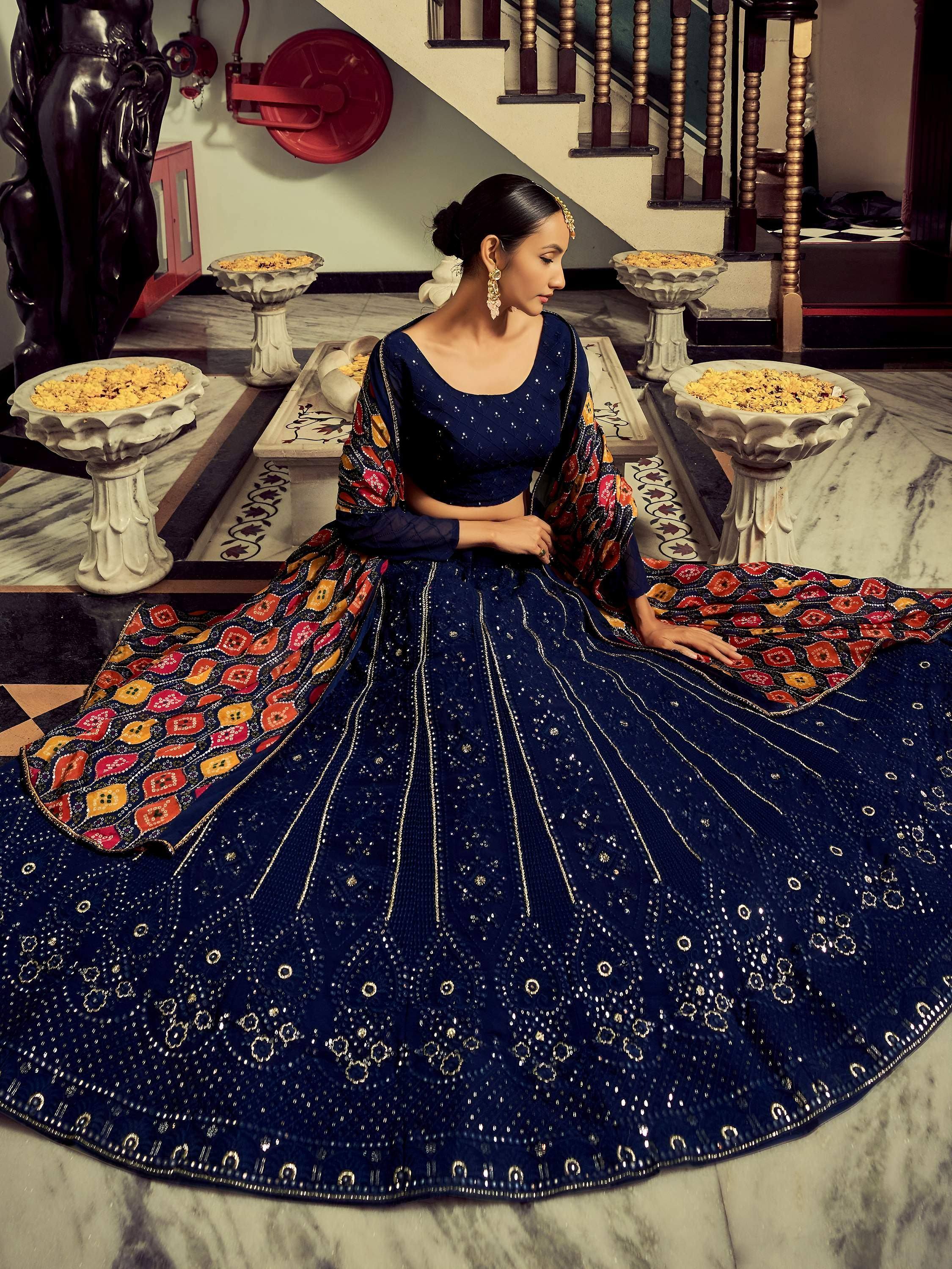 Tulsi Art Excellent Navy Blue Thread Work Georgette Event Wear Lehenga Choli