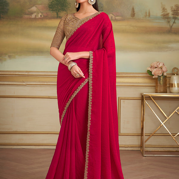 Monjolika Fashion Red Shining Georgette Embroidered Border Party Trendy Saree - Distacart