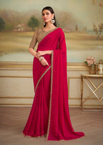 Thumbnail for Monjolika Fashion Red Shining Georgette Embroidered Border Party Trendy Saree - Distacart