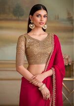 Thumbnail for Monjolika Fashion Red Shining Georgette Embroidered Border Party Trendy Saree - Distacart