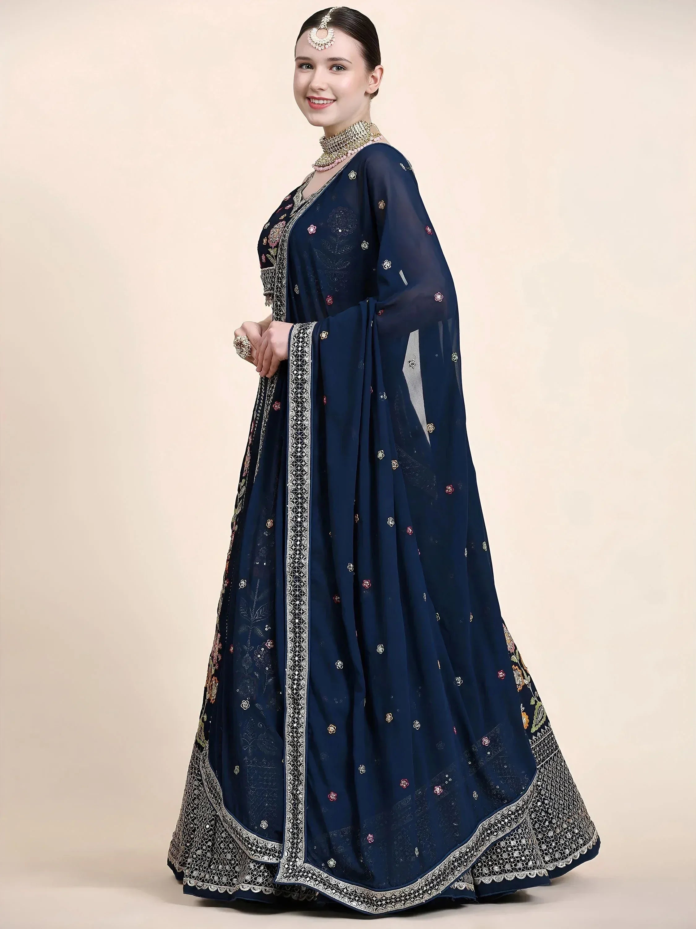 Tulsi Art Outstanding Navy Blue Floral Embroidered Georgette Sangeet Wear Lehenga Choli - Dista