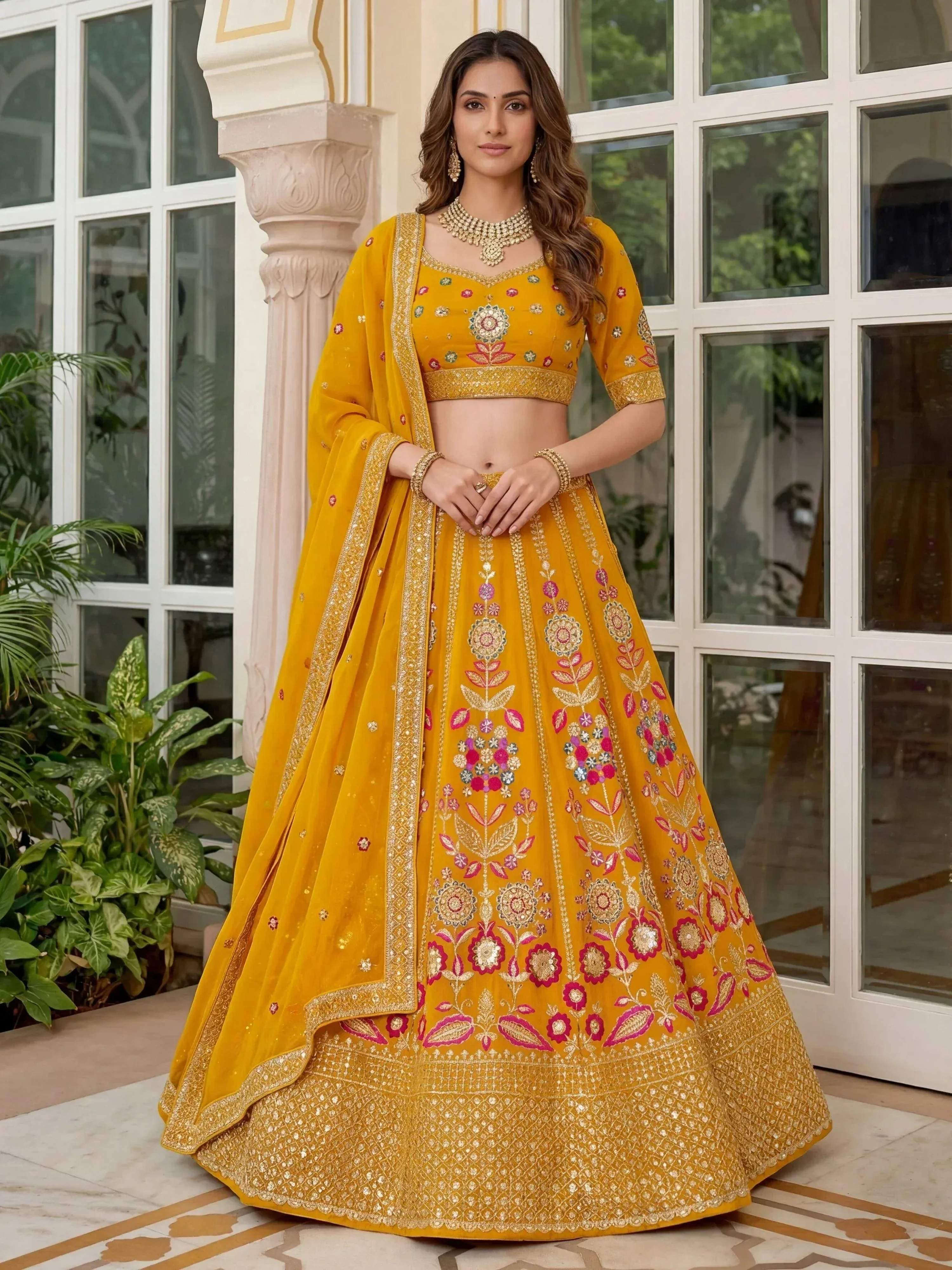 Tulsi Art Alluring Yellow Sequins Georgette Wedding Wear Lehenga Choli - Dista