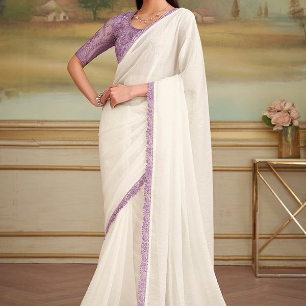 Monjolika Fashion White Sparkle Georgette Embroidered Border Party Trendy Saree - Distacart