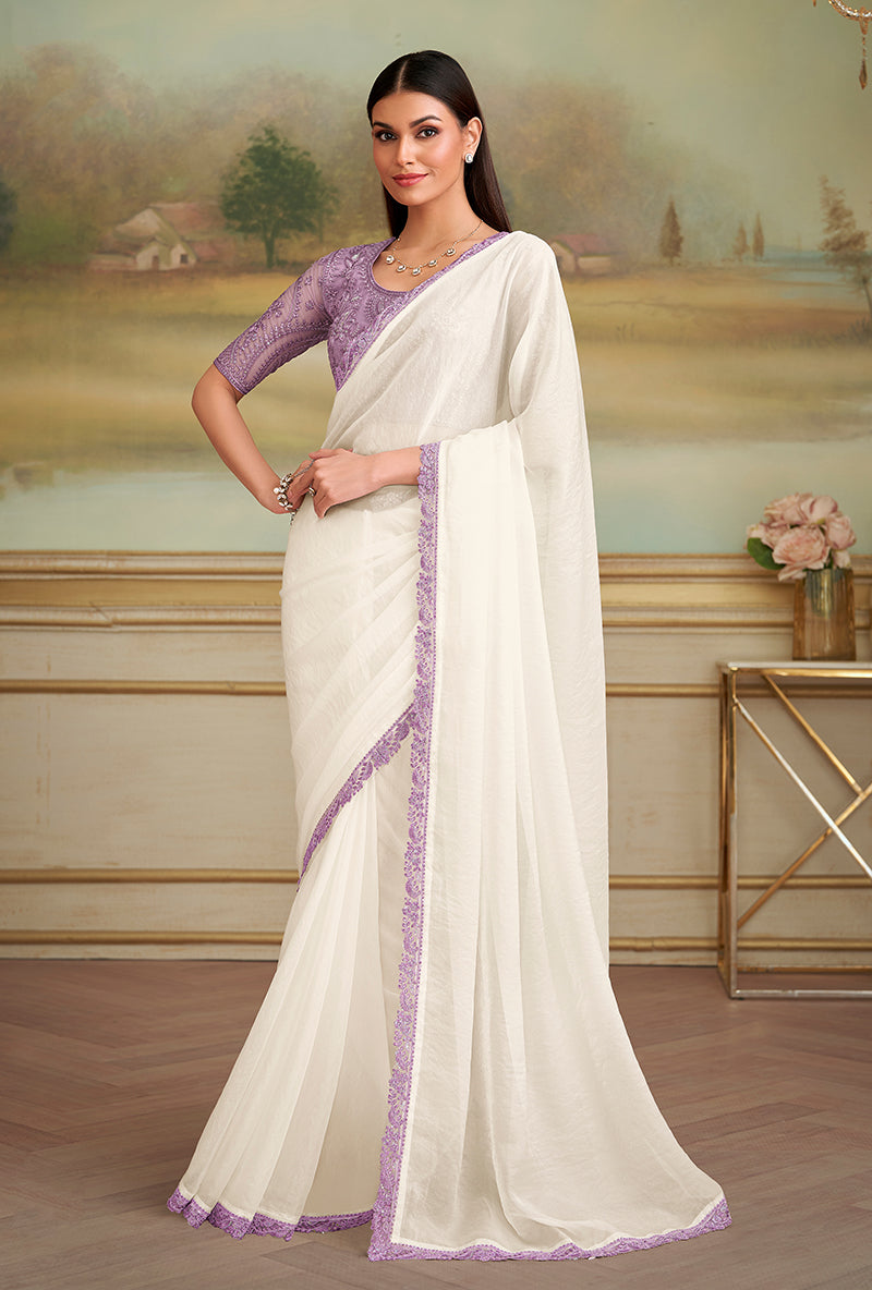 Monjolika Fashion White Sparkle Georgette Embroidered Border Party Trendy Saree - Distacart