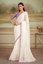 Thumbnail for Monjolika Fashion White Sparkle Georgette Embroidered Border Party Trendy Saree - Distacart