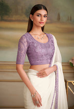 Thumbnail for Monjolika Fashion White Sparkle Georgette Embroidered Border Party Trendy Saree - Distacart