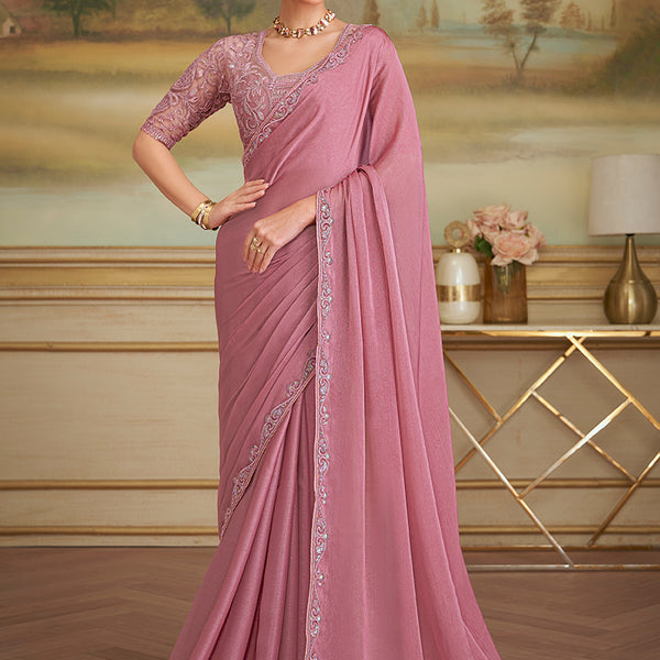 Monjolika Fashion Rose Pink Sparkle Georgette Embroidered Border Party Trendy Saree - Distacart