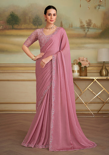 Monjolika Fashion Rose Pink Sparkle Georgette Embroidered Border Party Trendy Saree - Distacart