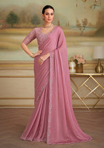 Thumbnail for Monjolika Fashion Rose Pink Sparkle Georgette Embroidered Border Party Trendy Saree - Distacart