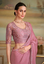 Thumbnail for Monjolika Fashion Rose Pink Sparkle Georgette Embroidered Border Party Trendy Saree - Distacart