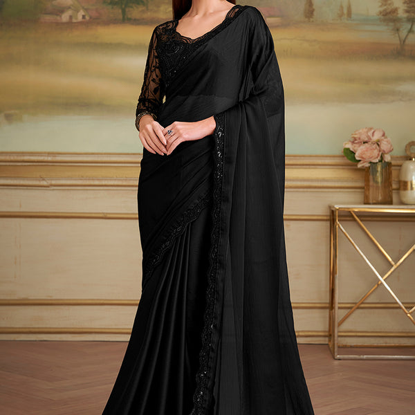 Monjolika Fashion Black Satin Chiffon Embroidered Border Party Trendy Saree - Distacart