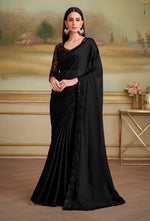 Thumbnail for Monjolika Fashion Black Satin Chiffon Embroidered Border Party Trendy Saree - Distacart