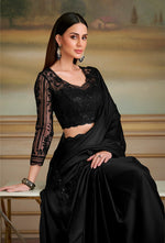 Thumbnail for Monjolika Fashion Black Satin Chiffon Embroidered Border Party Trendy Saree - Distacart